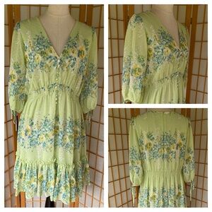 Taylor Green & Blue Swiss Dot V Neck Ruffle Midi Dress CottageCore Parire SZ 14